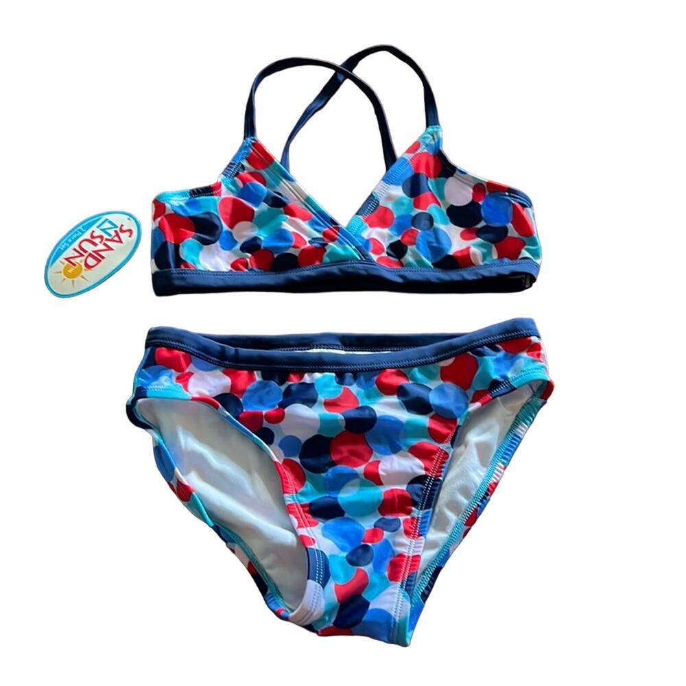 Sand N Sun Girls 2 pc Bikini Red, White & Blue Dot Print Girls Large 10/12 NWT